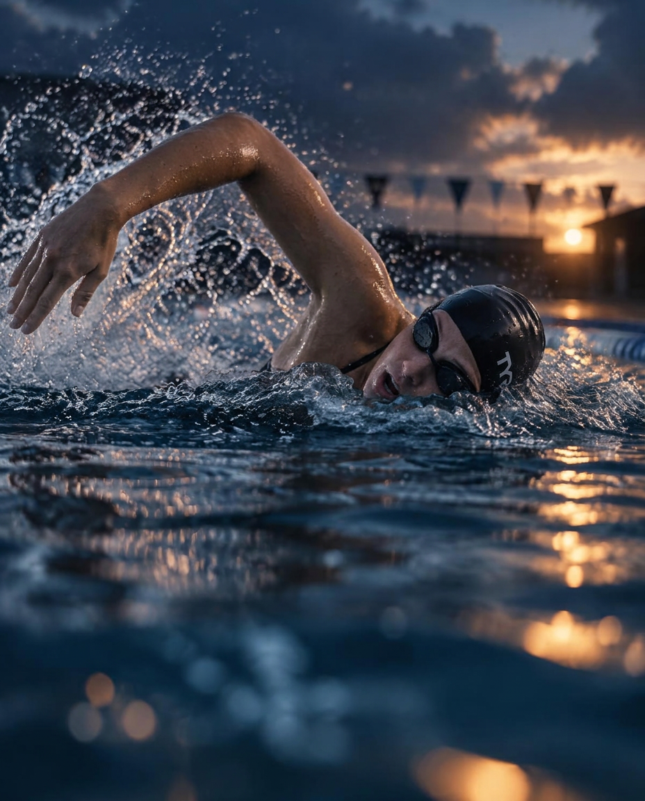 A swimmer moving through dark water, captured with motion blur